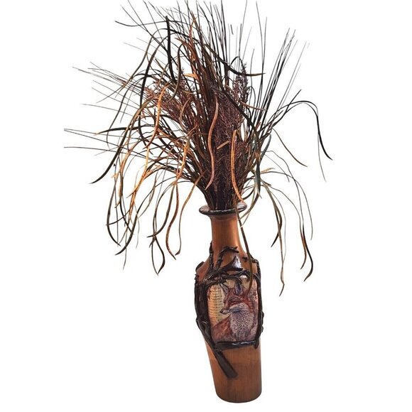 Wooden Fence Post Vase With Fox Design & Faux Grass Grain Arrangement 28" tall W - Picture 1 of 15
